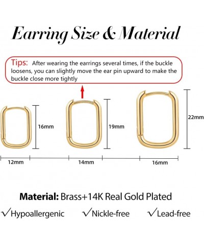 3 Pairs Square Hoop Earrings Set, 14K Gold Plated Lightweight Chunky Hoop Earrings, Rectangle Earring for Women Gift Gold Squ...