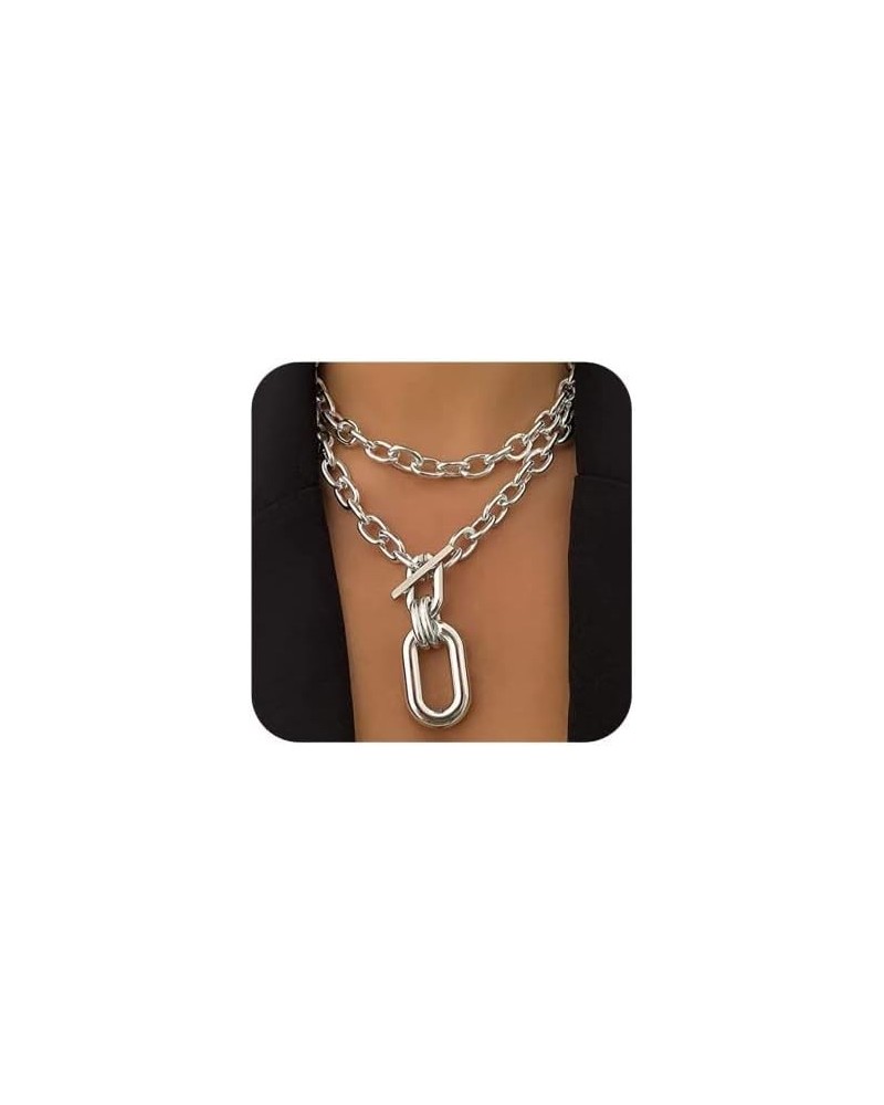 Layered Chunky Necklace for Women Silver Chunky Chain Necklace Dainty Multilayer Choker Necklace Sliver $7.40 Necklaces