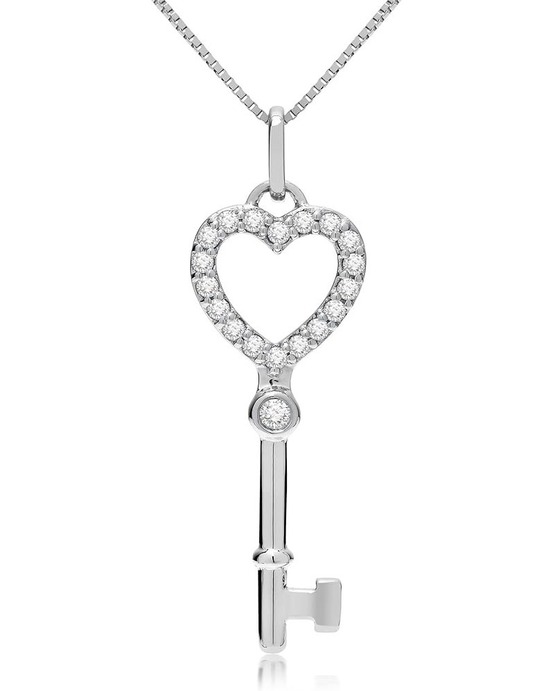 14K Solid White or Yellow Gold Key to my Heart Pendant | Pave Round Cut Cubic Zirconia Pendant| .20 CTW | 16 Inch or 18 Inch ...