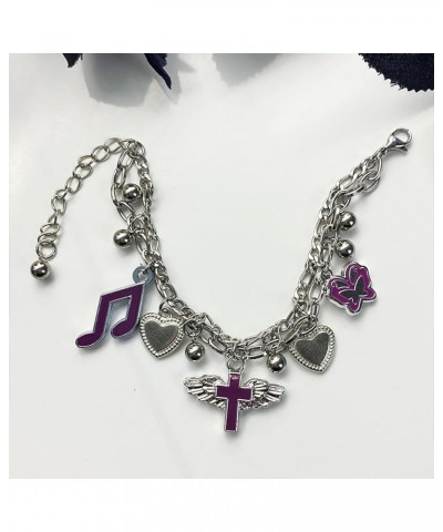 Y2K Grunge Bracelets for Women Girls Purple Butterfly Wings Cross Musical Note Ball Heart Bracelets Charm Gothic Punk Bracele...