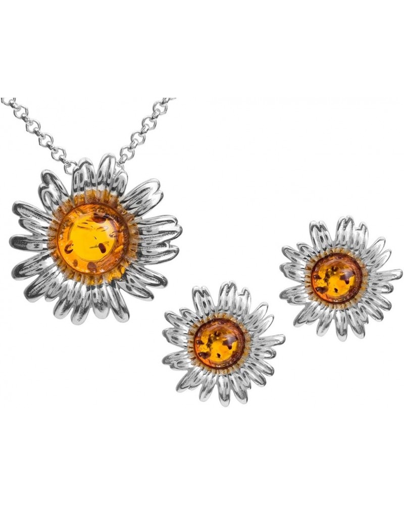 Amber Sterling Silver Daisy Earrings Slider Pendant Necklace Set Chain 18 Inches $27.50 Jewelry Sets