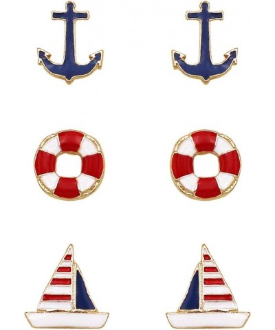 Women's Ships Ahoy Nautical Stud Enamel Earrings Set of 3 Anchor Lifesaver Sailboat $13.50 Earrings