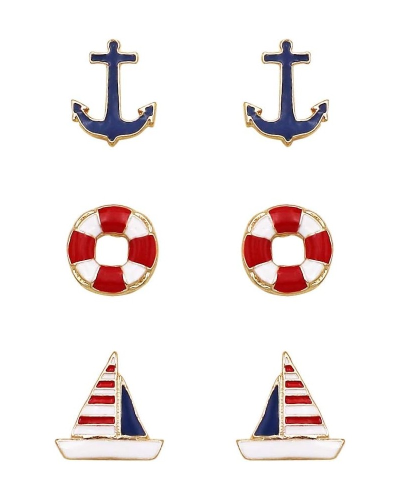 Women's Ships Ahoy Nautical Stud Enamel Earrings Set of 3 Anchor Lifesaver Sailboat $13.50 Earrings