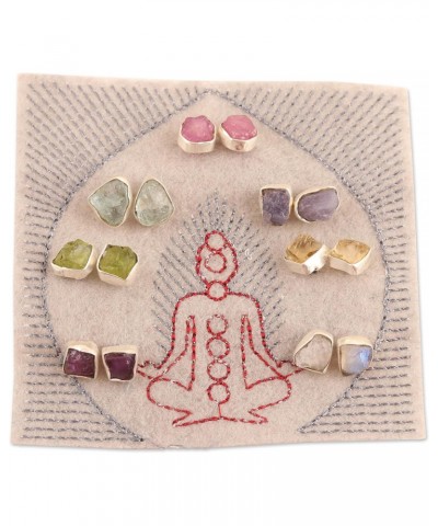 Artisan Handmade Gemstone Stud Earrings India Sterling Silver Multigem Apatite Amethyst Peridot Citrine Chakra 'Yoga Delight'...