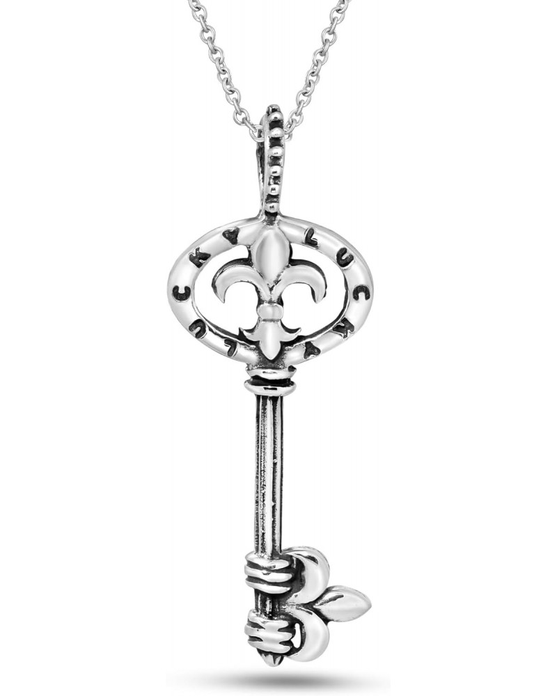 Key and Fleur De Lis Sterling Silver Pendant Necklace | Classic Sterling Silver Necklace for Women | Vintage Nature Long Neck...