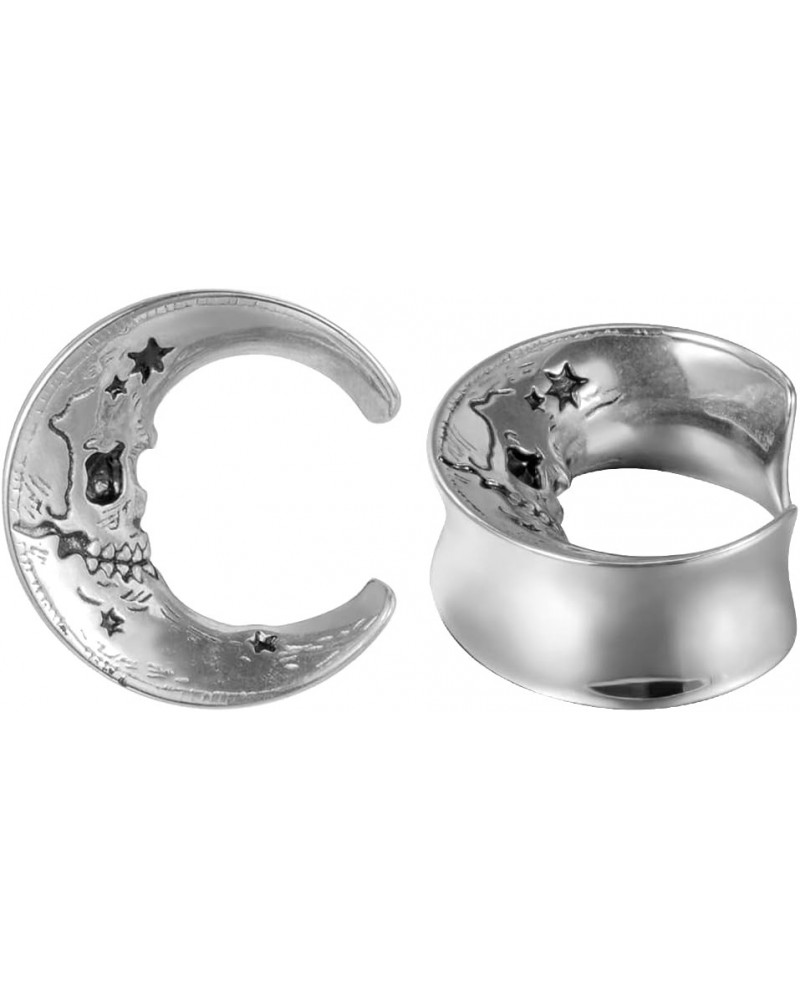 1 Pair Moon Style Ear Tunnels Flesh Plugs Piercing Earrings Stainless Steel Skull Ear Gauges 00g to 1 inch. Silver 7/8"(22mm)...