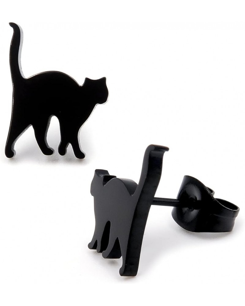 Stainless Steel Cute Black Cat Silhouette Post Stud Earrings Arch Back Cleaning Arched Back Walking $9.51 Earrings