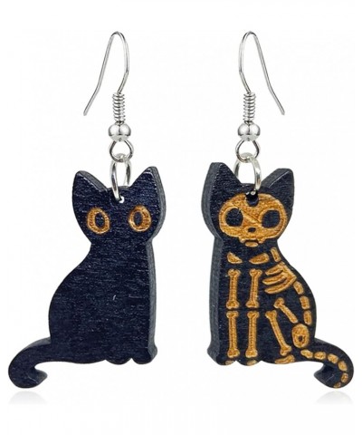 Kawaii Halloween Cat Earring Wooden Black Cats Dangle Earrings Skeleton Cat Drop Earring For Women Girls cat $6.75 Earrings