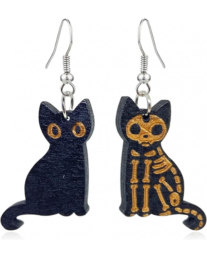 Kawaii Halloween Cat Earring Wooden Black Cats Dangle Earrings Skeleton Cat Drop Earring For Women Girls cat $6.75 Earrings