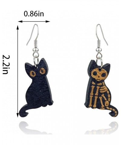 Kawaii Halloween Cat Earring Wooden Black Cats Dangle Earrings Skeleton Cat Drop Earring For Women Girls cat $6.75 Earrings