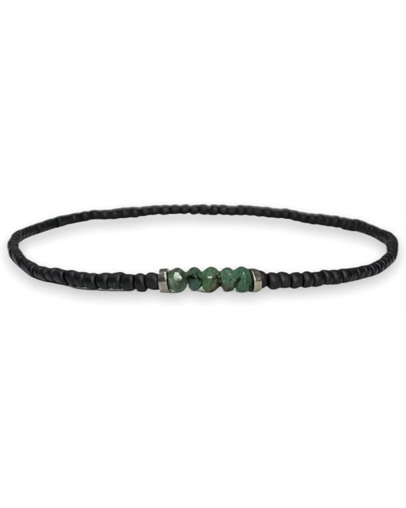 Tiny Emerald Beaded Bracelet for men or women - Black Matte Seed Bead Hematite Jewelry Green Bead Gemstone Stretch Bracelets ...