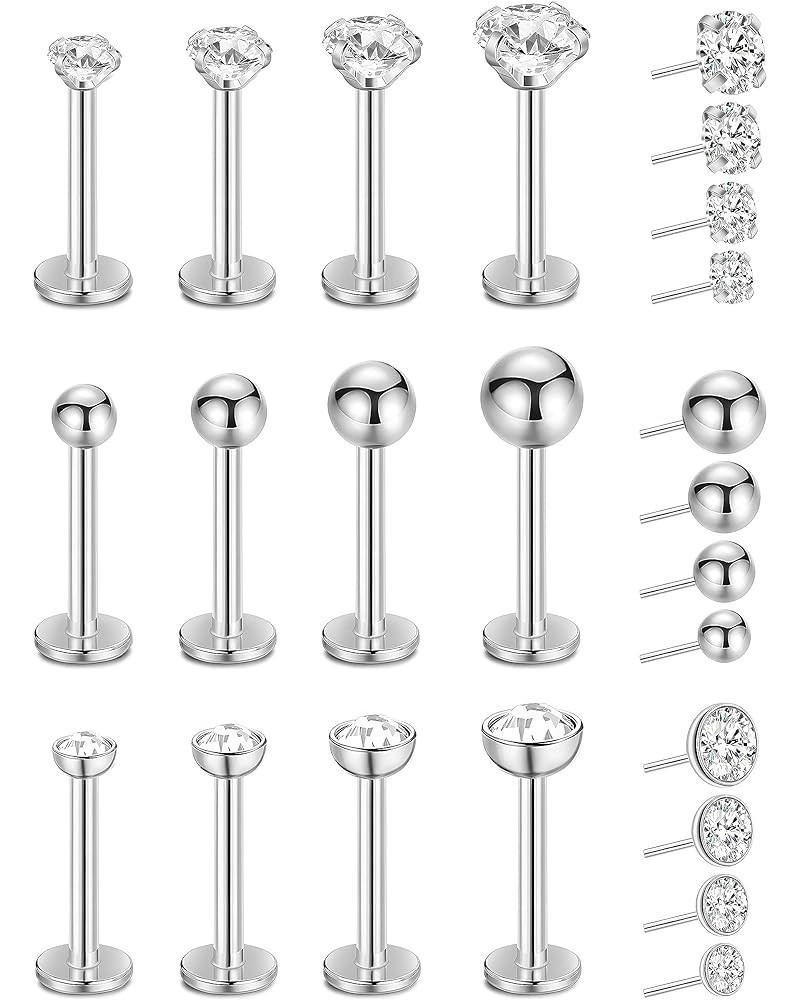 16G 18G 20G 12Pcs Stainless Steel Threadless Earrings for Women Men Cartilage Tragus Helix Earrings Lip Stud Push in Nose Stu...