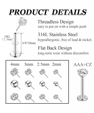 16G 18G 20G 12Pcs Stainless Steel Threadless Earrings for Women Men Cartilage Tragus Helix Earrings Lip Stud Push in Nose Stu...