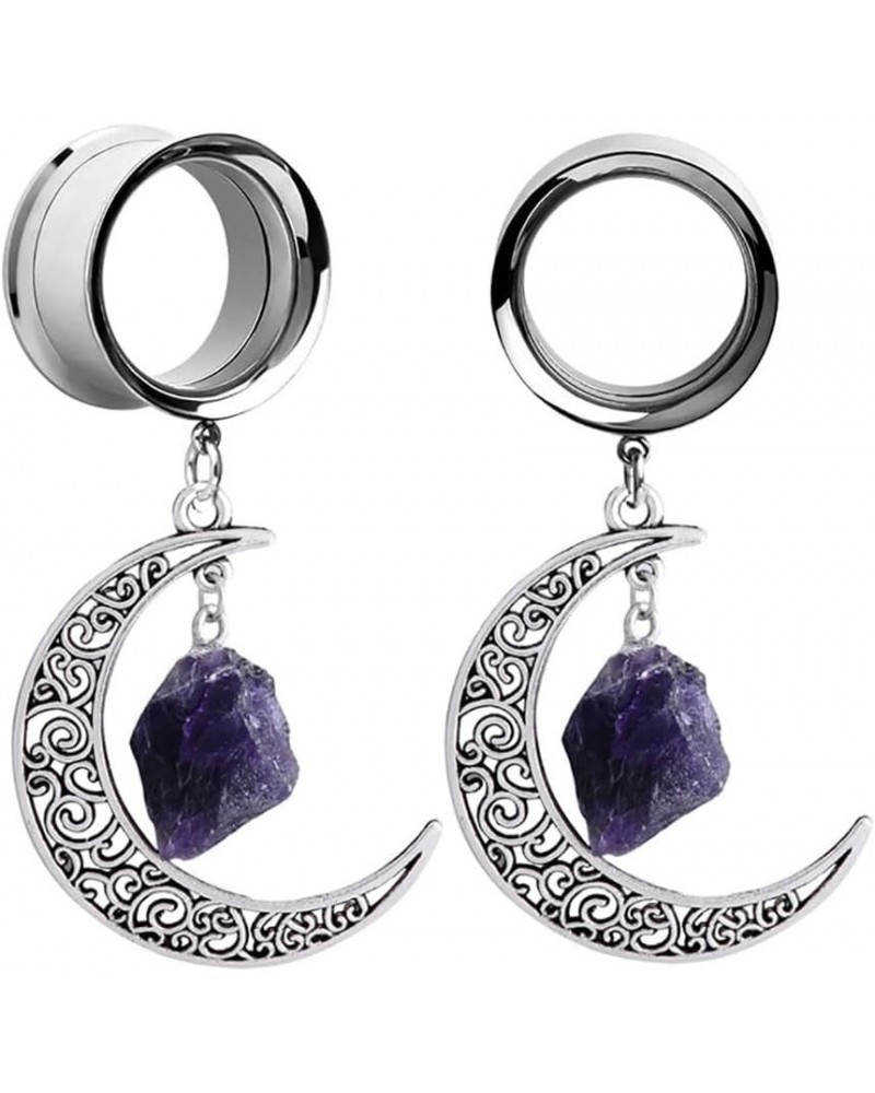 1 Pair Exquisite Amethyst Moon Dangle Ear Gauges Hypoallergenic Stainless Steel Ear Plugs Ear Hangers Ears Tunnels Piercing J...