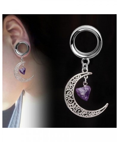 1 Pair Exquisite Amethyst Moon Dangle Ear Gauges Hypoallergenic Stainless Steel Ear Plugs Ear Hangers Ears Tunnels Piercing J...