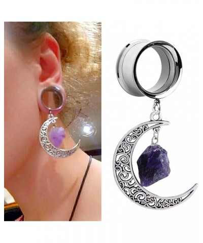 1 Pair Exquisite Amethyst Moon Dangle Ear Gauges Hypoallergenic Stainless Steel Ear Plugs Ear Hangers Ears Tunnels Piercing J...