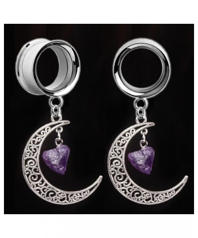 1 Pair Exquisite Amethyst Moon Dangle Ear Gauges Hypoallergenic Stainless Steel Ear Plugs Ear Hangers Ears Tunnels Piercing J...