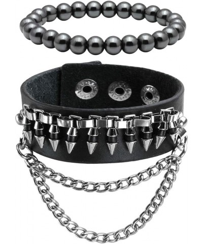 Punk Leather Bracelets for Men and Women Studded Chain Bracelet for Man and Woman Black-2 $7.79 Bracelets