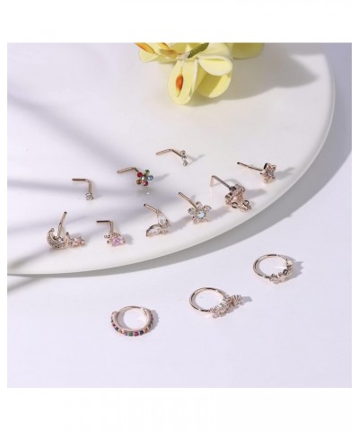 12PCS 20G Nose Rings Studs Stainless Steel Nose Rings Hoop for Women Men Paved CZ Butterfly Flower Nose Nostril Piercing Jewe...