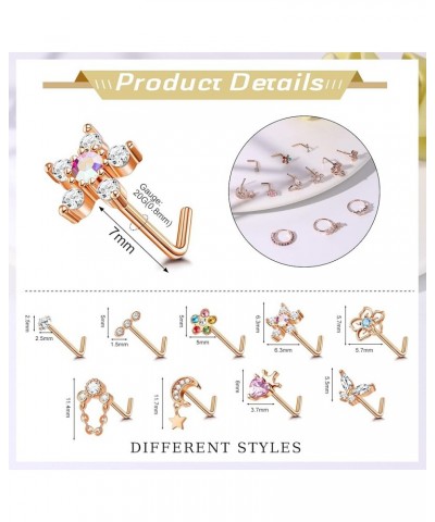 12PCS 20G Nose Rings Studs Stainless Steel Nose Rings Hoop for Women Men Paved CZ Butterfly Flower Nose Nostril Piercing Jewe...