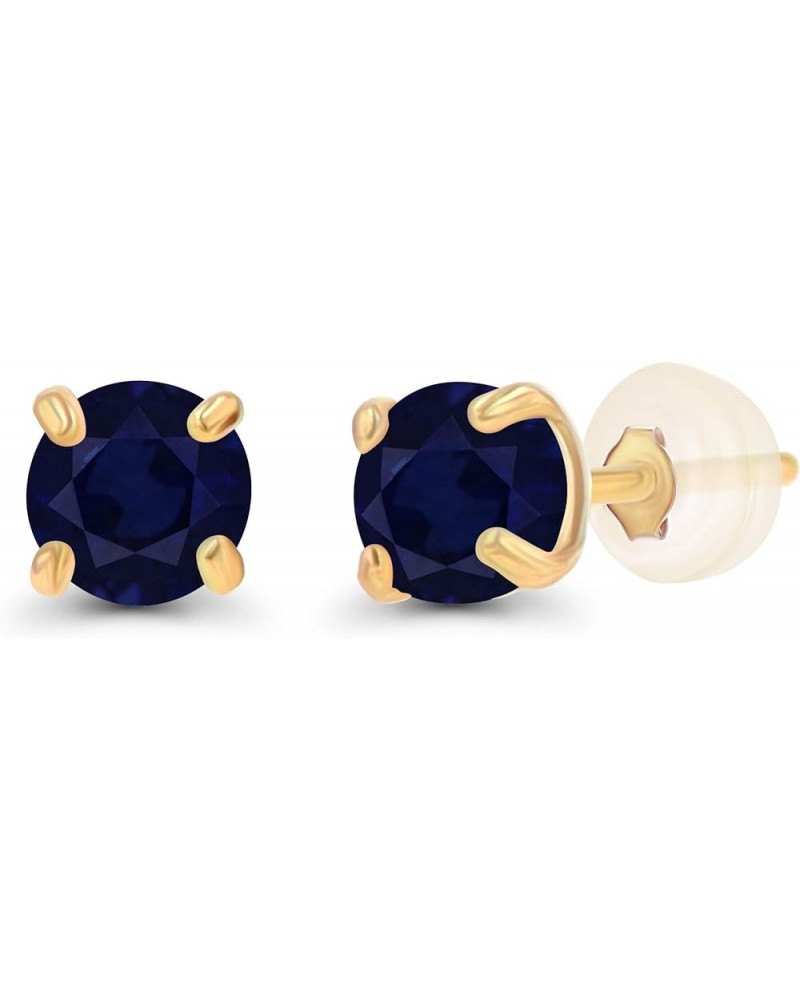 Solid 925 Sterling Silver Gold Plated 3mm Round Genuine Gemstone Birthstone Stud Earrings For Women Blue Sapphire Genuine Yel...