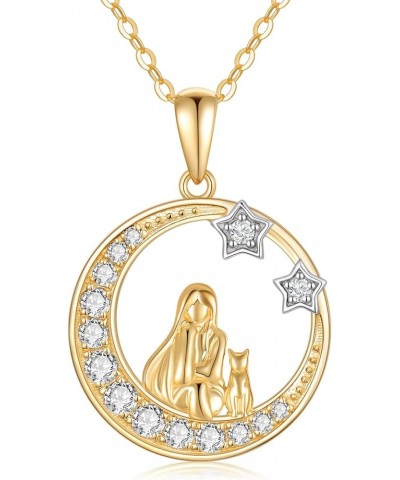 14K Solid Gold Girl and Dog&Cat Under The Moon Necklace Star Necklaces for Women Yellow Gold Necklaces for Wife Girlfriend St...