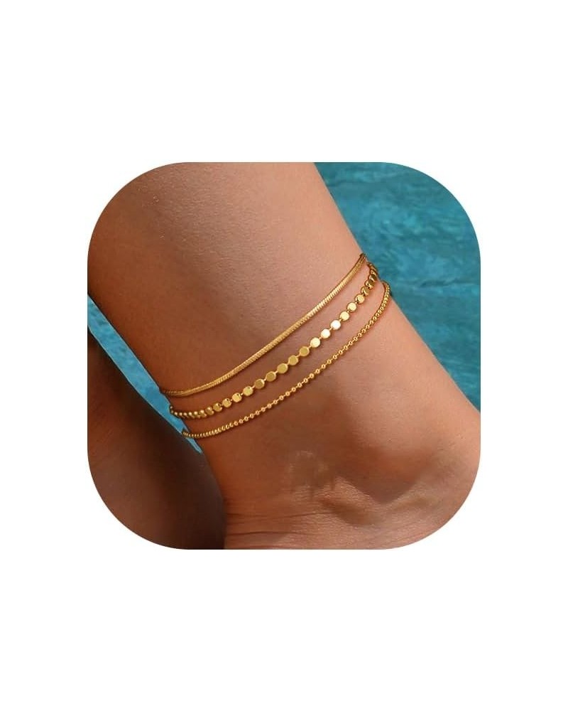 Gold Ankle Bracelets for Women, 14K Real Gold Plated Cuban Link Chain Beach Minimalist Dainty Rope Chain Beaded Anklets for W...