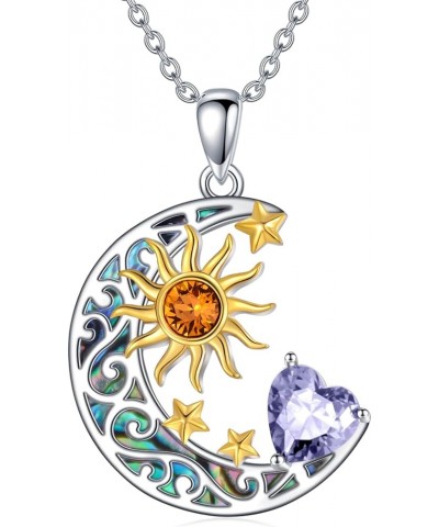 925 Sterling Silver Sun and Moon Star Pendant Necklace with Simulated Birthstone, Birthday Christmas Jewelry Gift for Women T...