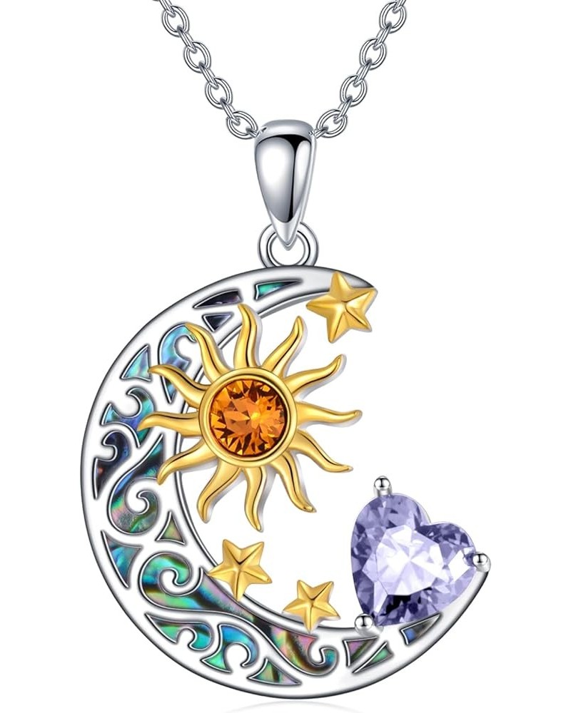 925 Sterling Silver Sun and Moon Star Pendant Necklace with Simulated Birthstone, Birthday Christmas Jewelry Gift for Women T...