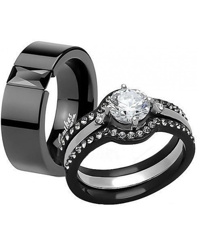 His and Hers 4 Piece?Black Ion Plated Stainless Steel Wedding Engagement Ring Band Set Women's Size 07 Men's 08mm Size 09 $22...