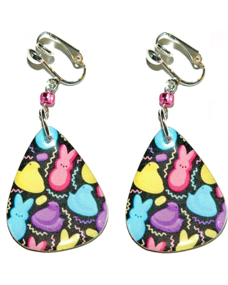 Multi Color Easter Bunny Peeps Teardrop Guitar Pick 2 Sided Clip On Dangle Earrings (GP065clip) $9.31 Earrings