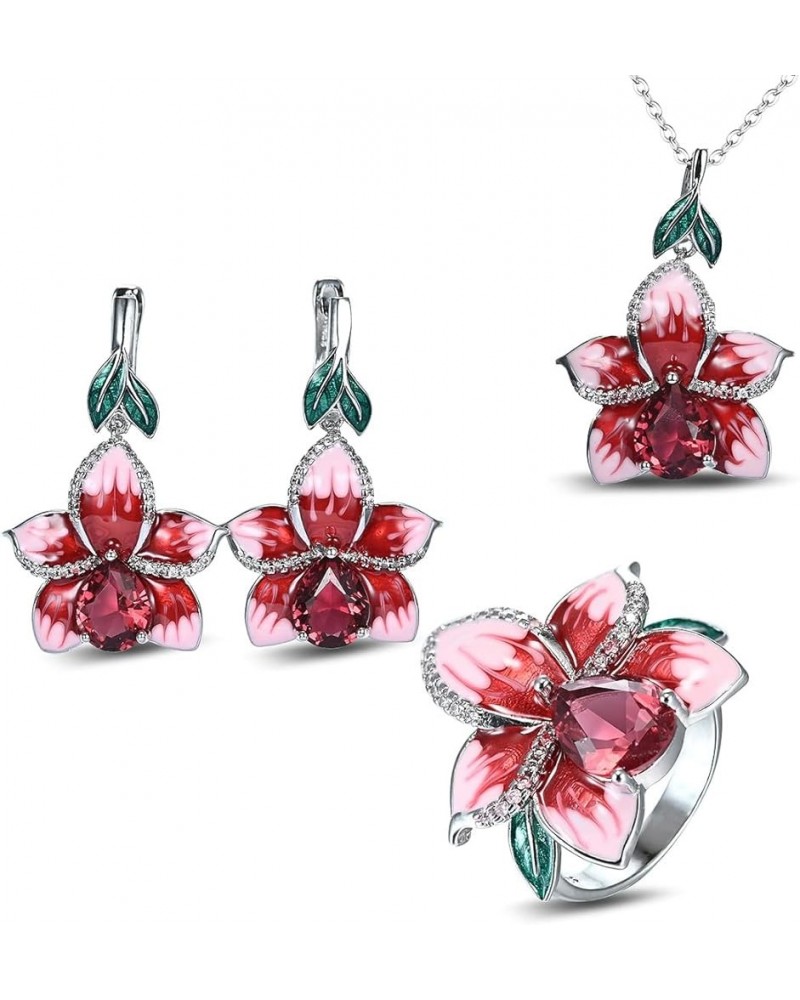 925 Sterling Silver Plated Flower Leaf Bridal Jewelry Colorful Enamel Jewelry Set CZ Simulated Diamond Teardrop Ruby Party Je...
