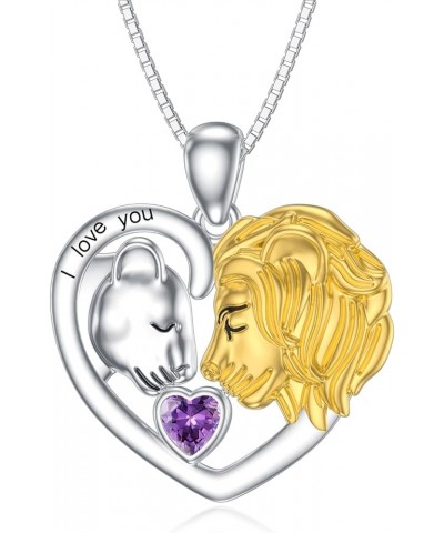 Lion Heart Necklace Couple Lion Necklace Silver Jewelry Valentine's Day Gift for Women Girls February - Amethyst $34.80 Neckl...