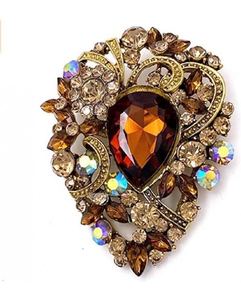 COLORFULBLING Women's Vintage Austrian Crystal Elegant Flower Teardrop Brooch Gold Tone(Brown) Brown $7.66 Brooches & Pins