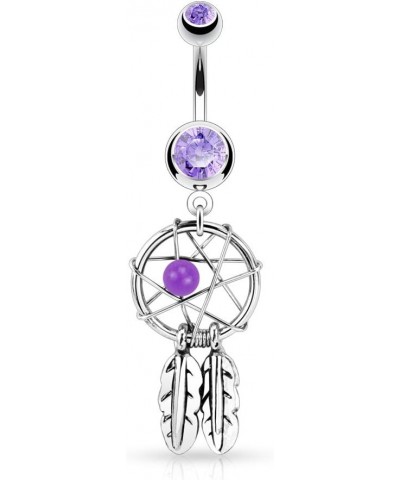 Surgical Steel Double Jeweled Dream Catcher Feathers Dangle Belly Button Ring (Clear, Purple, Red, Light Blue, Pink) Purple $...