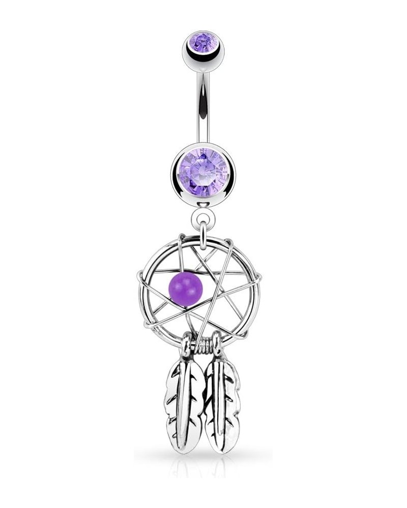 Surgical Steel Double Jeweled Dream Catcher Feathers Dangle Belly Button Ring (Clear, Purple, Red, Light Blue, Pink) Purple $...