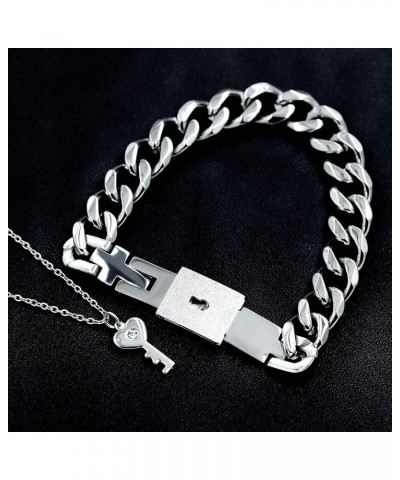 Titanium Steel Key Pendant Necklace and Square Lock Bangle Bracelet Set for Couples Valetines Gifts White $10.60 Bracelets