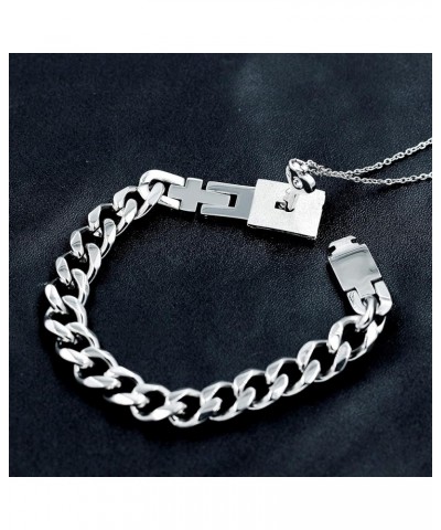 Titanium Steel Key Pendant Necklace and Square Lock Bangle Bracelet Set for Couples Valetines Gifts White $10.60 Bracelets