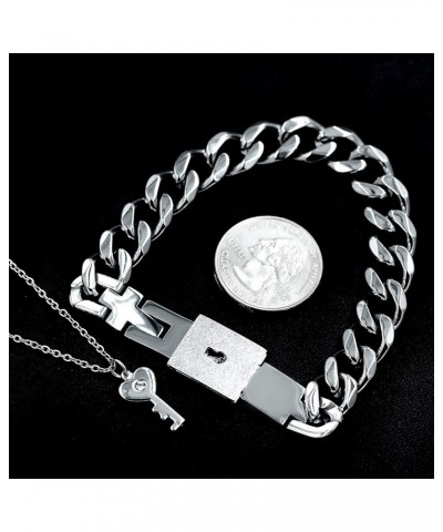 Titanium Steel Key Pendant Necklace and Square Lock Bangle Bracelet Set for Couples Valetines Gifts White $10.60 Bracelets