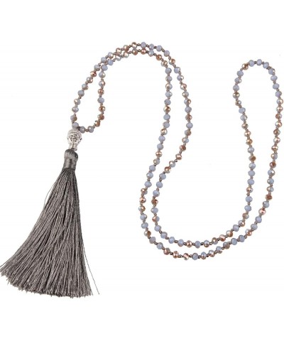 Exclusive Crystal Beaded Necklace Luxury Silver Buddha Head Tassel Long Necklace Grey $8.21 Necklaces