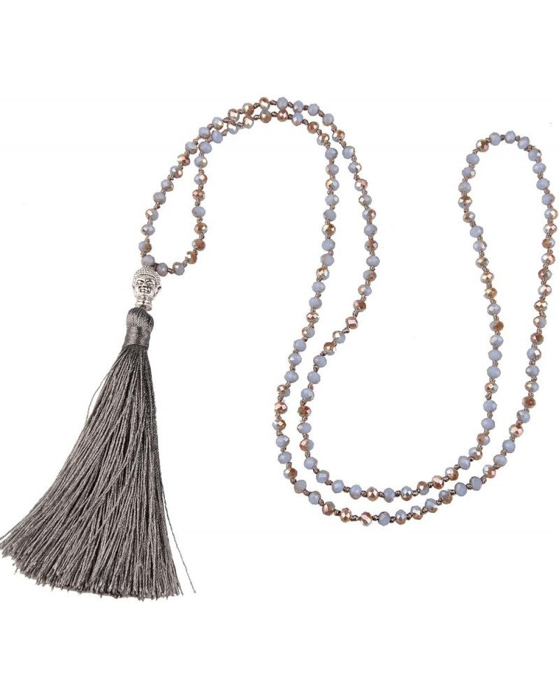 Exclusive Crystal Beaded Necklace Luxury Silver Buddha Head Tassel Long Necklace Grey $8.21 Necklaces