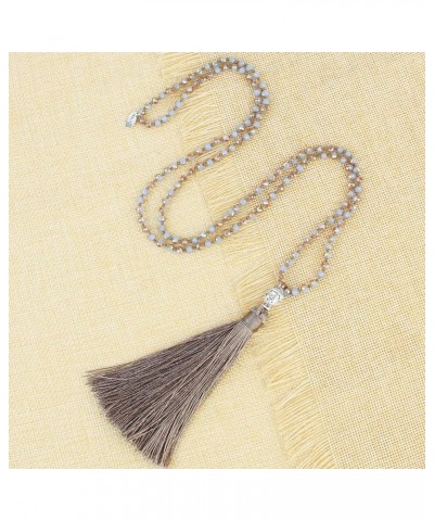 Exclusive Crystal Beaded Necklace Luxury Silver Buddha Head Tassel Long Necklace Grey $8.21 Necklaces