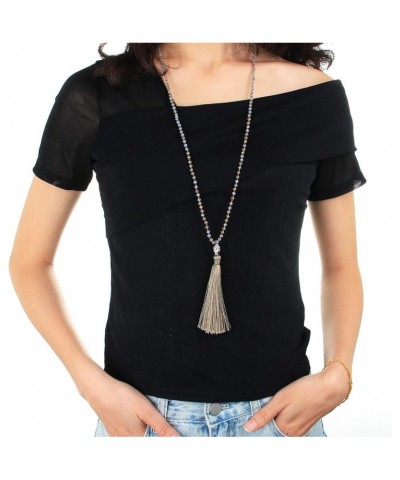 Exclusive Crystal Beaded Necklace Luxury Silver Buddha Head Tassel Long Necklace Grey $8.21 Necklaces