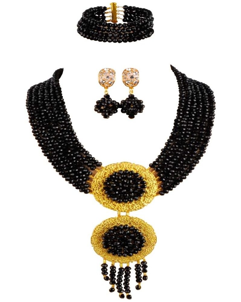 acuzv 6 Rows African Necklaces for Women Nigerian Beads Jewelry Set Wedding Bridal Party Jewelry Sets Black $14.00 Jewelry Sets