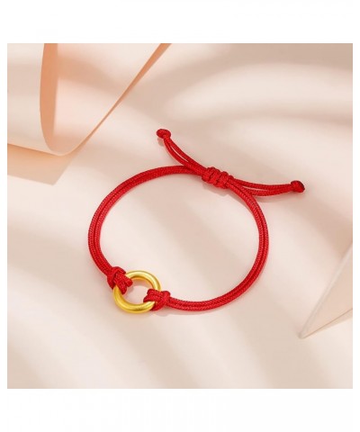 24K Solid Gold Bracelet for Women, Real Pure Gold Jewelry Dainty Charm Gold Circle Round Peace Buckle Jewelry Adjustable Red ...