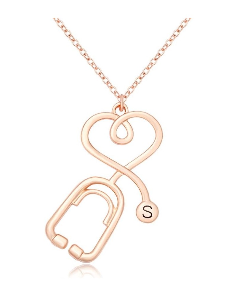 Rose Gold Medicine Stethoscope Heart Necklace Initial Necklace for Doctor Nurse S $9.01 Necklaces