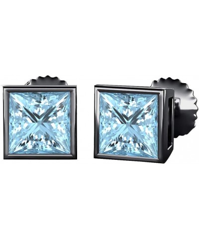 Bezel Set Princess Cut Created Gemstones (3MM) Solitaire Stud Earrings 14K Black Gold Over .925 Sterling Silver created- blue...