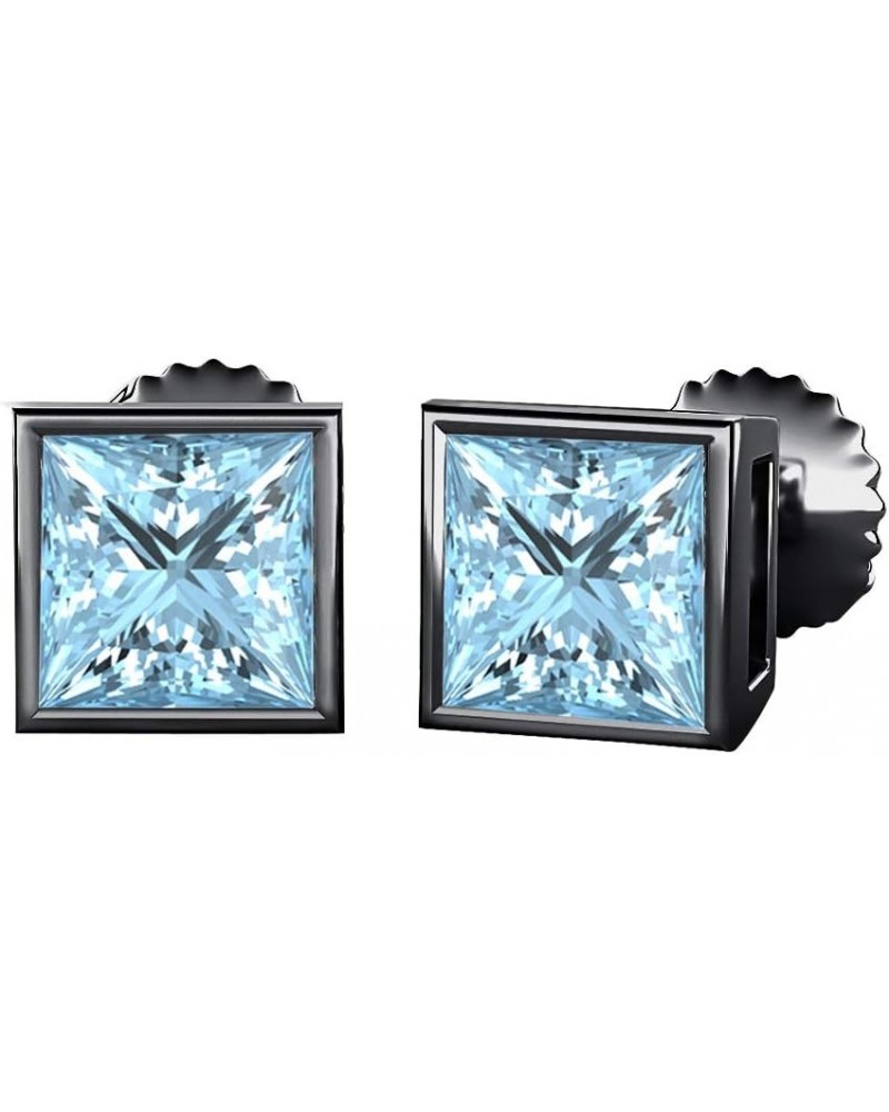 Bezel Set Princess Cut Created Gemstones (3MM) Solitaire Stud Earrings 14K Black Gold Over .925 Sterling Silver created- blue...