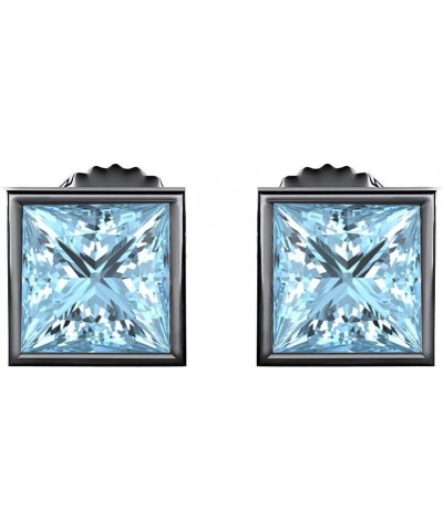 Bezel Set Princess Cut Created Gemstones (3MM) Solitaire Stud Earrings 14K Black Gold Over .925 Sterling Silver created- blue...