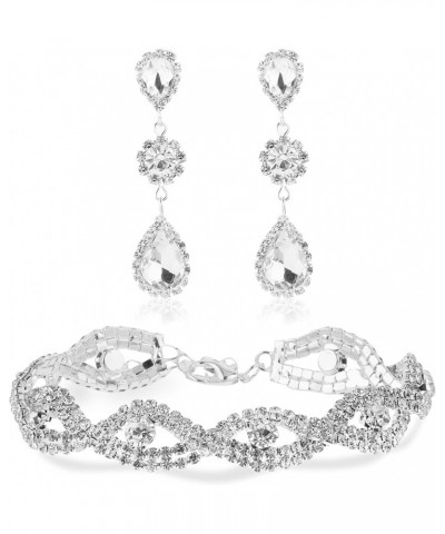 Rhinestone Bridal Jewelry Set for Women Silver Crystal Bracelet Teardrop Dangle Earrings Set for Wedding Bridal Prom Pageant ...